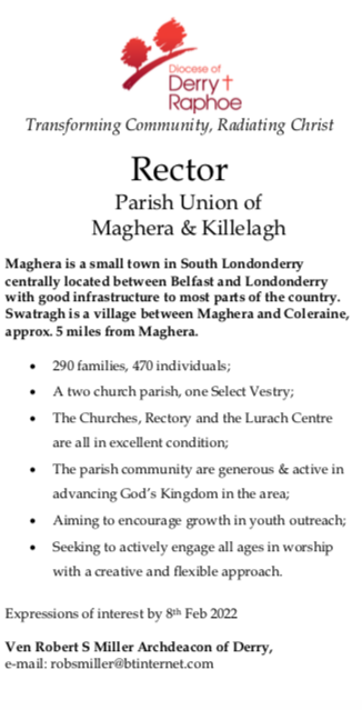 New Incumbent sought for the Parish Union of Maghera and Killelagh
